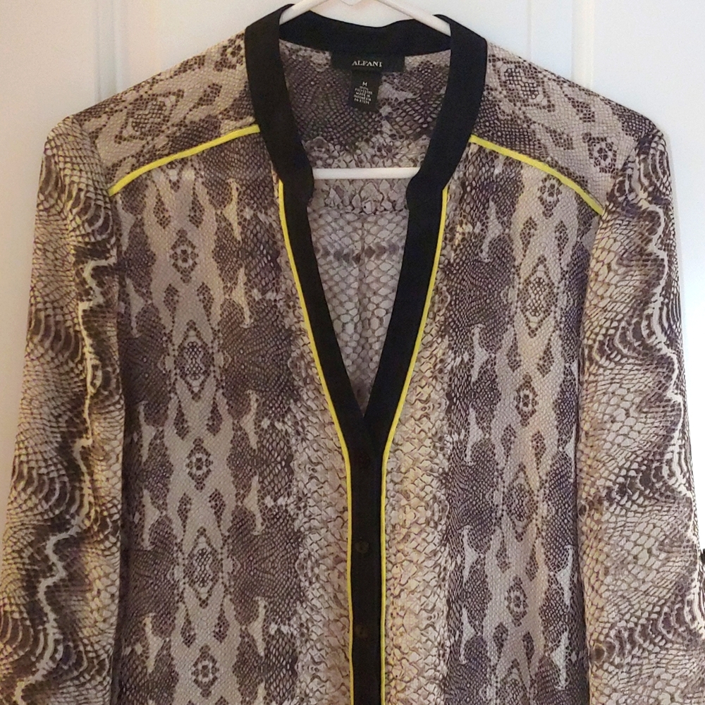 Alfani blouse with black detailed v-neck and yellow piping, size medium.